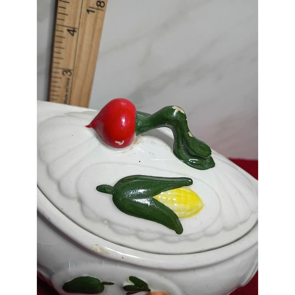 Vintage Ceramic Gravy Boat with Lid Vegetable Harvest Corn Carrot Radish White